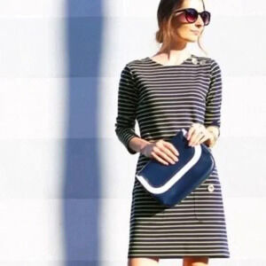 Sail To Sable Navy Yellow Stripe shift dress pockets 3/4 sleeves Size M